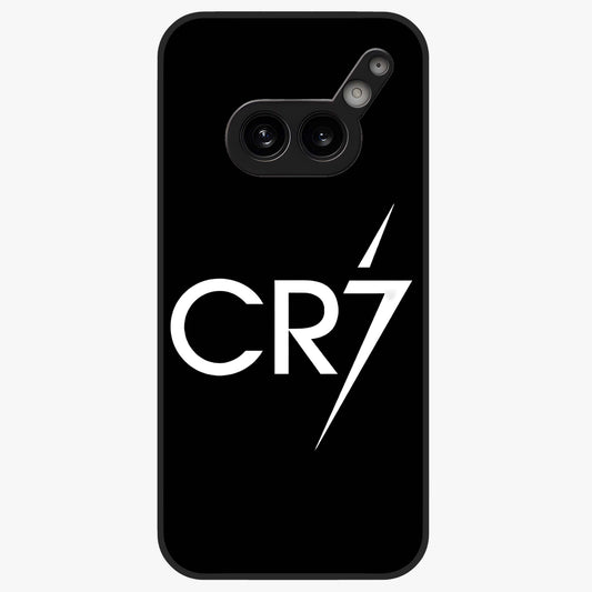 Cr7 Elite Strike Glass Case showing flat back view with dynamic football inspired artwork and glossy glass finish.