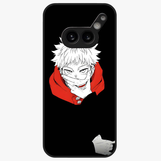 Crimson Chaos Smile Glass Case showing flat back view with bold chaotic smile artwork and glossy glass finish.