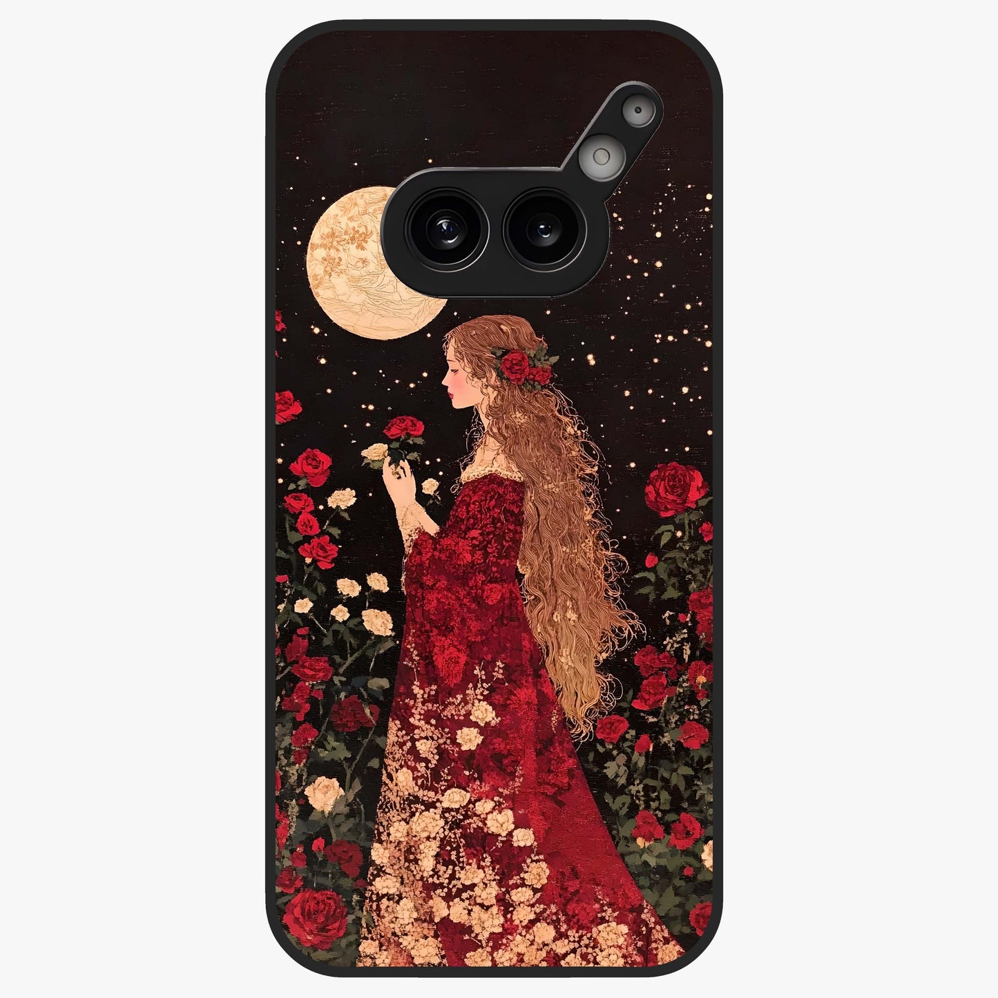 Crimson Dreams Glass Case showing flat back view with dreamy crimson artwork and glossy glass finish.