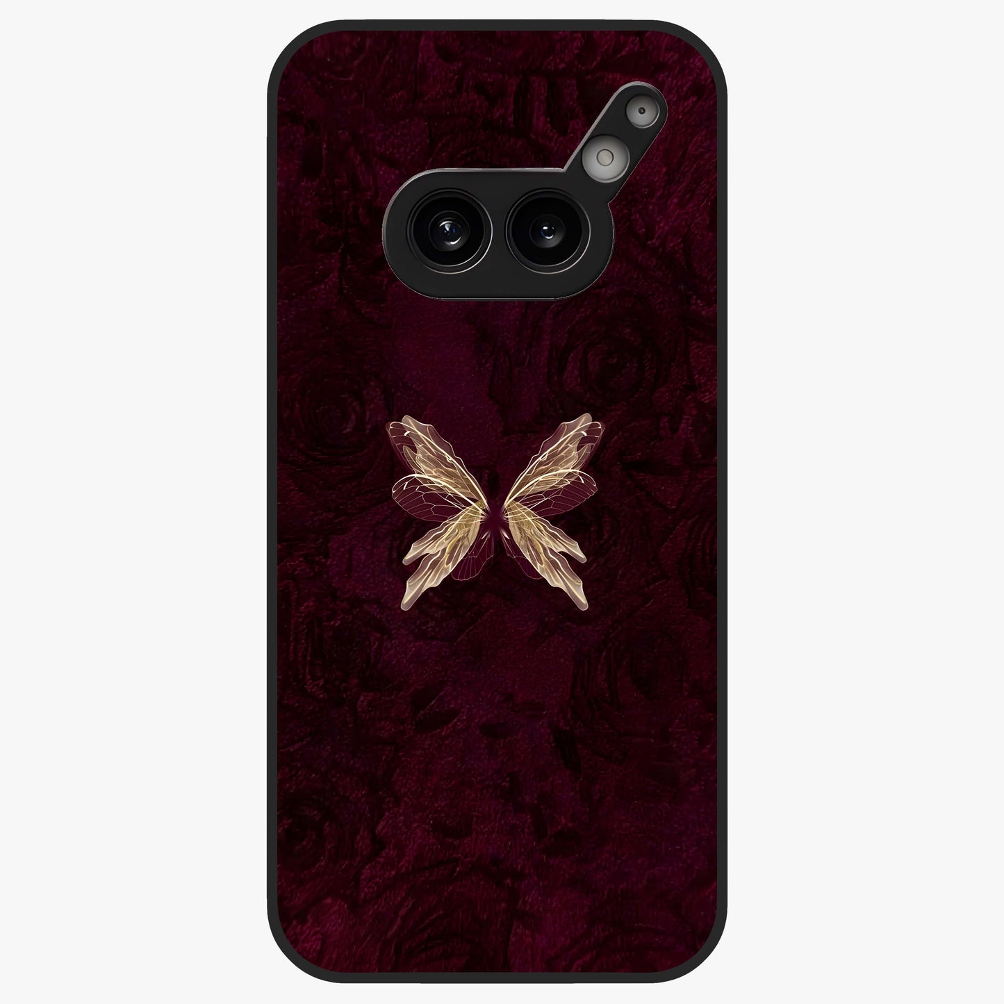 Crimson Fade Butterfly Glass Case showing flat back view with fading butterfly artwork and glossy glass finish.
