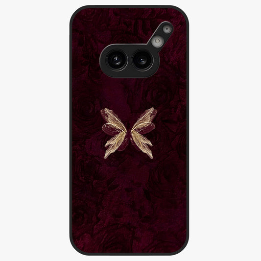 Crimson Fade Butterfly Glass Case showing flat back view with fading butterfly artwork and glossy glass finish.