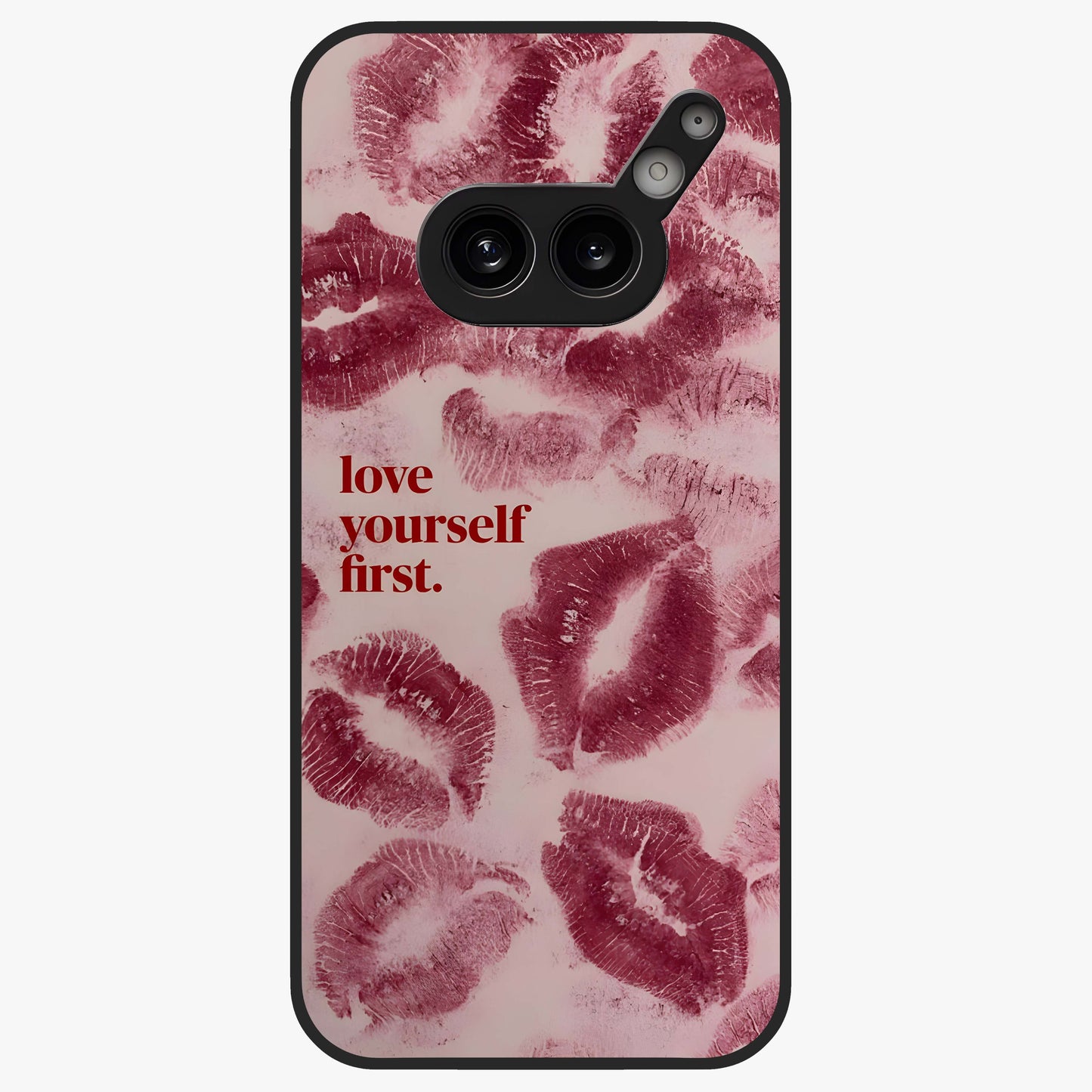 Crimson Kiss Love Glass Case showing flat back view with romantic crimson themed artwork and glossy glass finish.