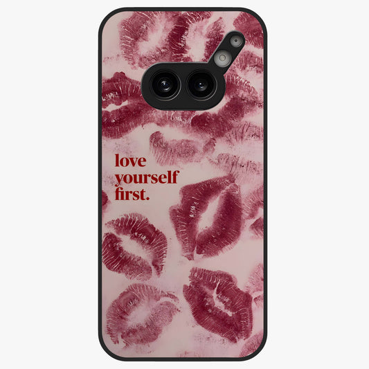 Crimson Kiss Love Glass Case showing flat back view with romantic crimson themed artwork and glossy glass finish.