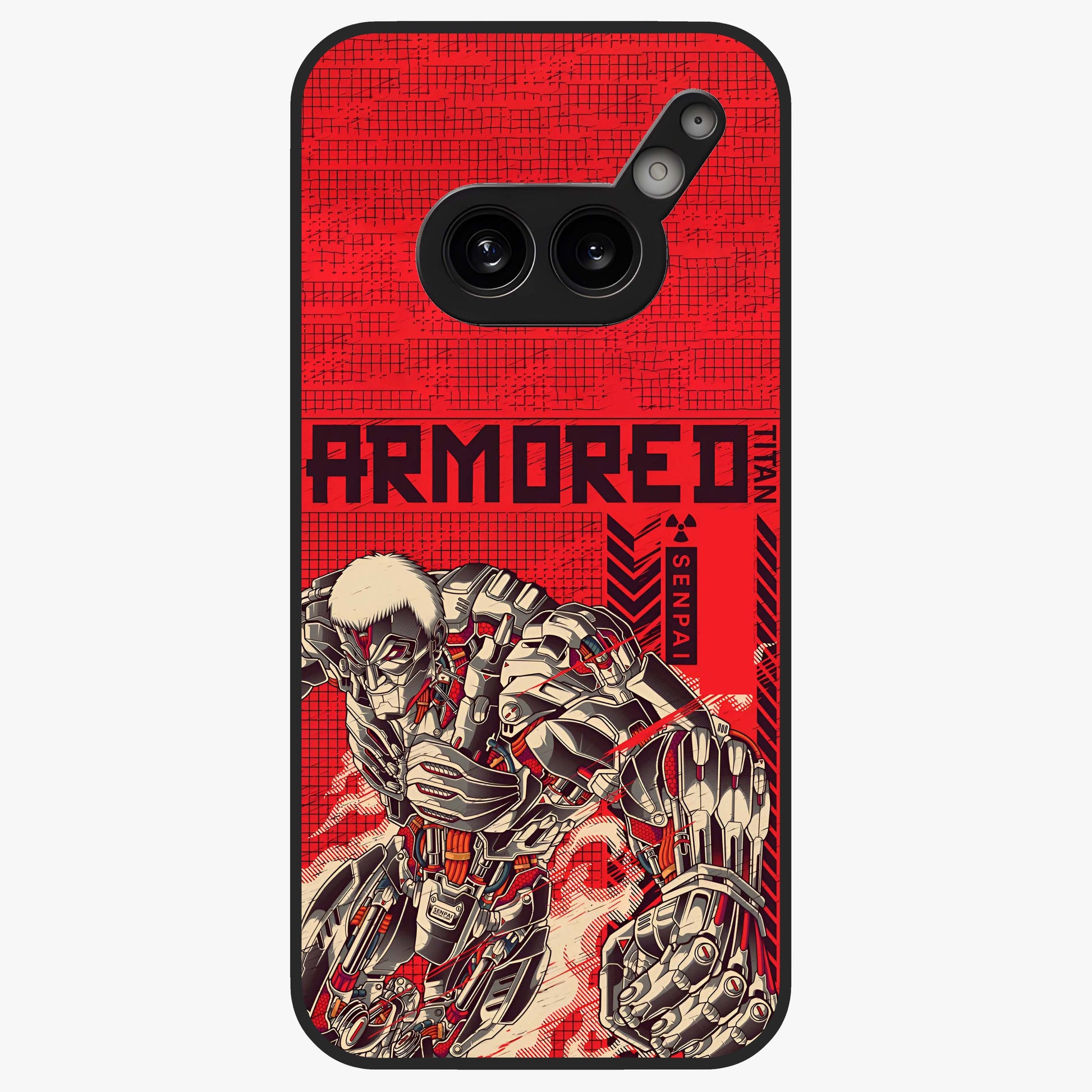 Crimson Mecha Titan Glass Case showing flat back view with powerful mech titan artwork and glossy glass finish.