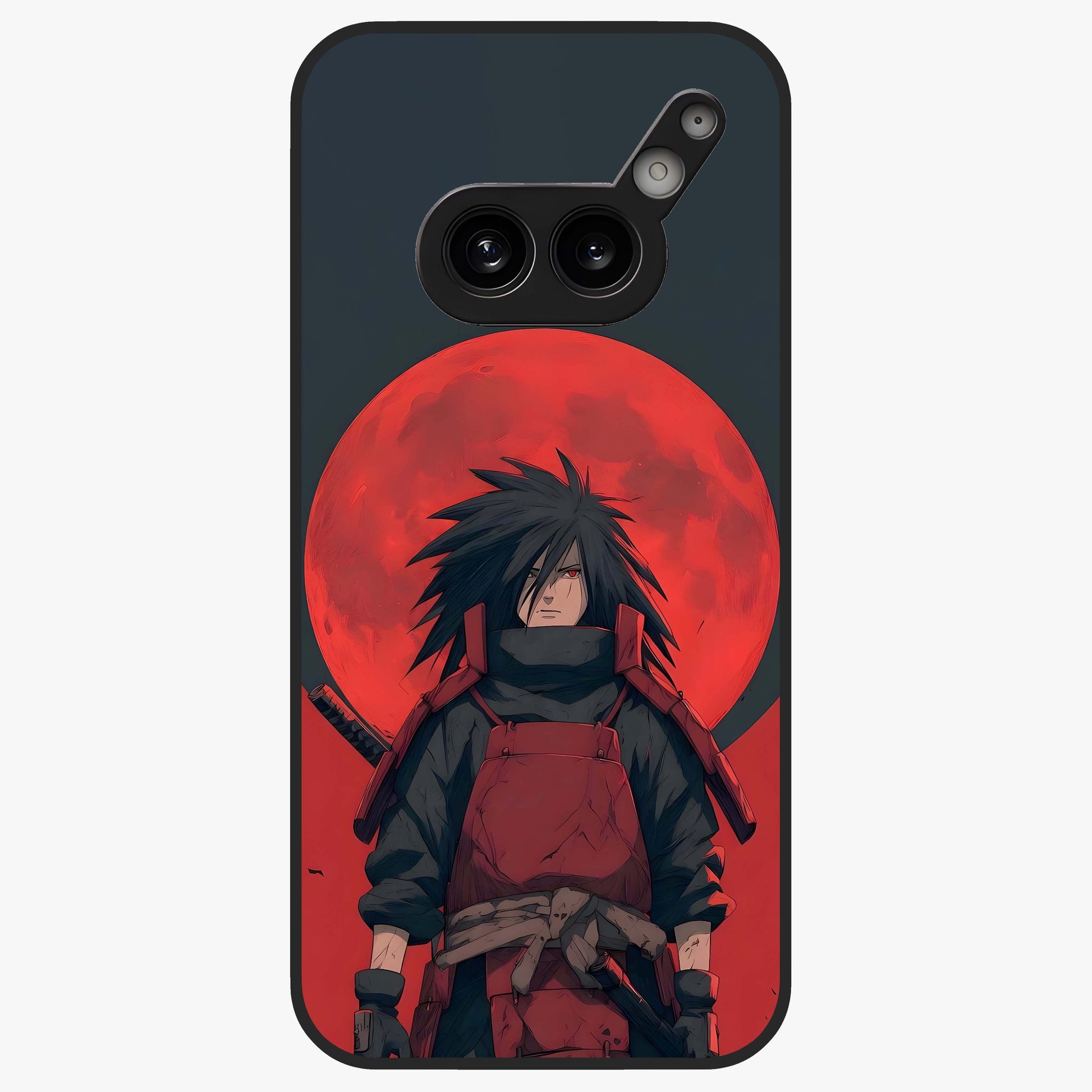 Crimson Moon Warlord Glass Case showing flat back view with mystical moon warrior artwork and glossy glass finish.