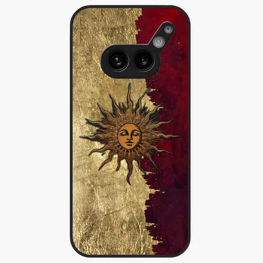 Crimson Sun Majesty Glass Case showing flat back view with radiant sun inspired artwork and glossy glass finish.