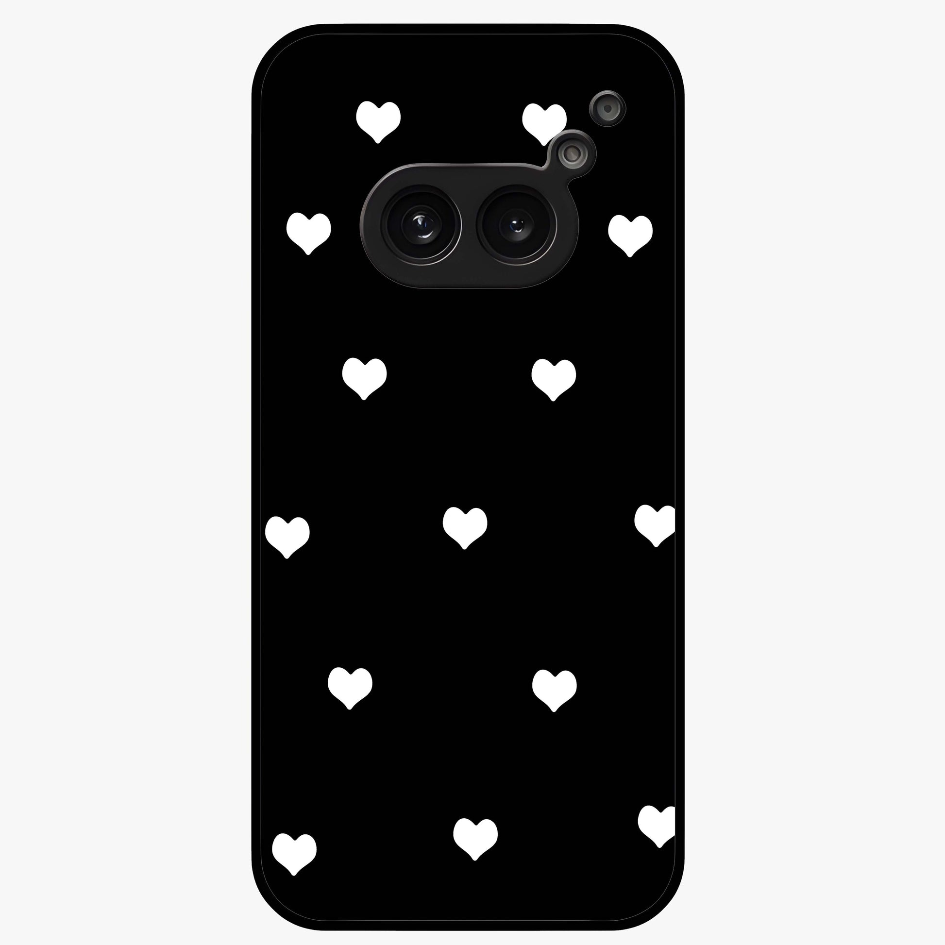 Cute And Simple White Hearts Glass Case showing flat back view with minimal white heart pattern and glossy glass finish.