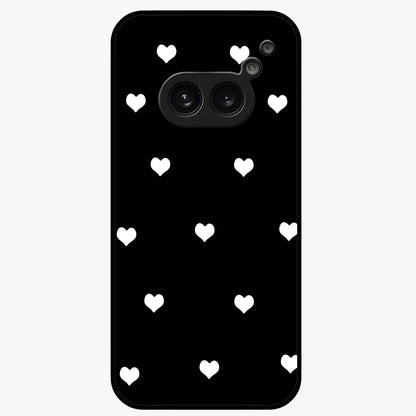 Cute And Simple White Hearts Glass Case showing flat back view with minimal white heart pattern and glossy glass finish.