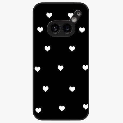 Cute And Simple White Hearts Glass Case showing flat back view with minimal white heart pattern and glossy glass finish.