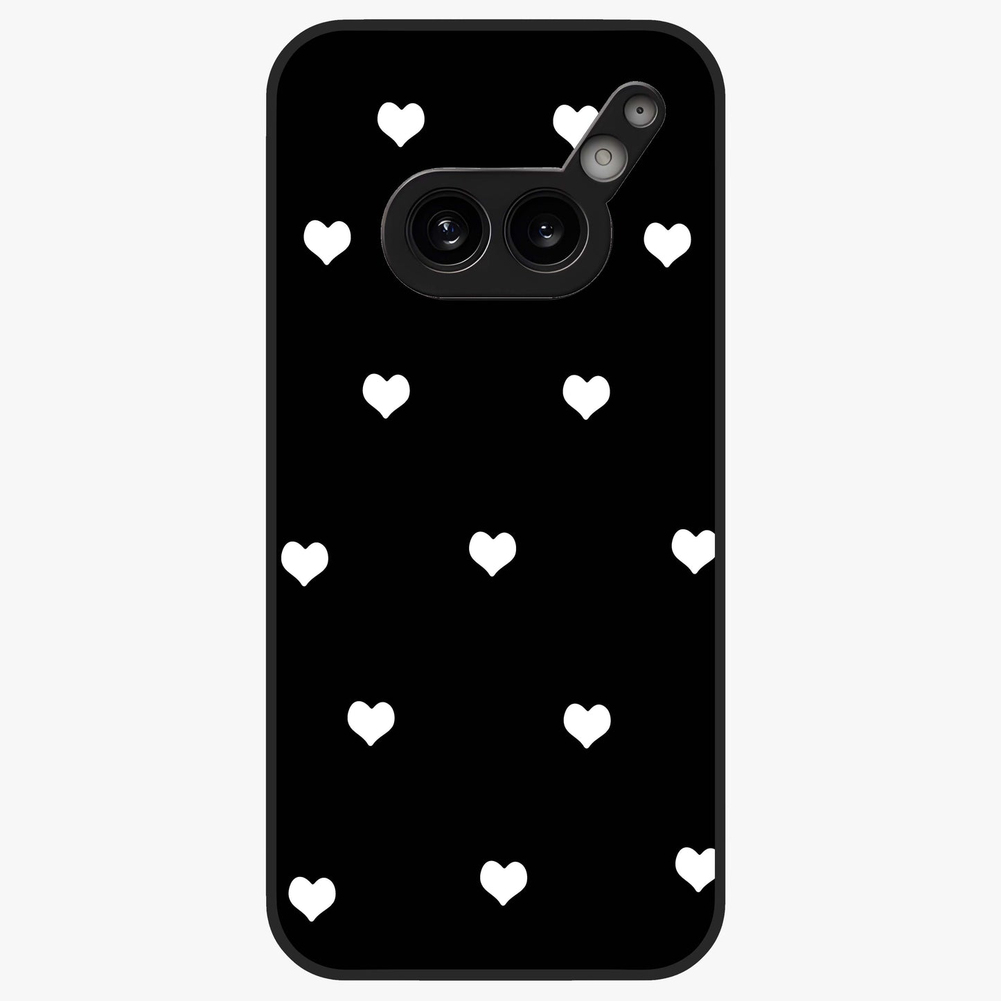 Cute And Simple White Hearts Glass Case showing flat back view with minimal white heart pattern and glossy glass finish.