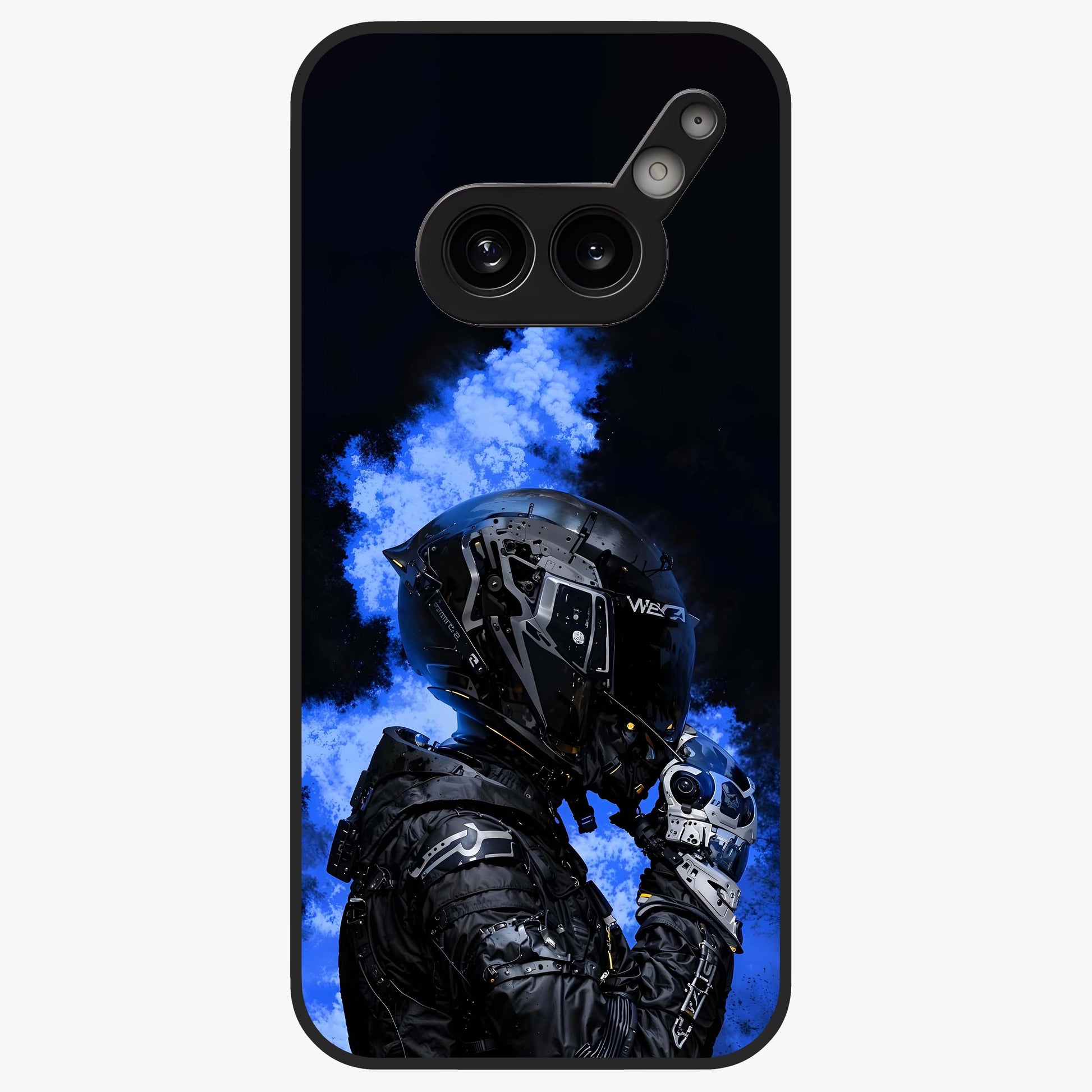 Cyber Sentinel Protocol Glass Case showing flat back view with futuristic cyber themed artwork and glossy glass finish.