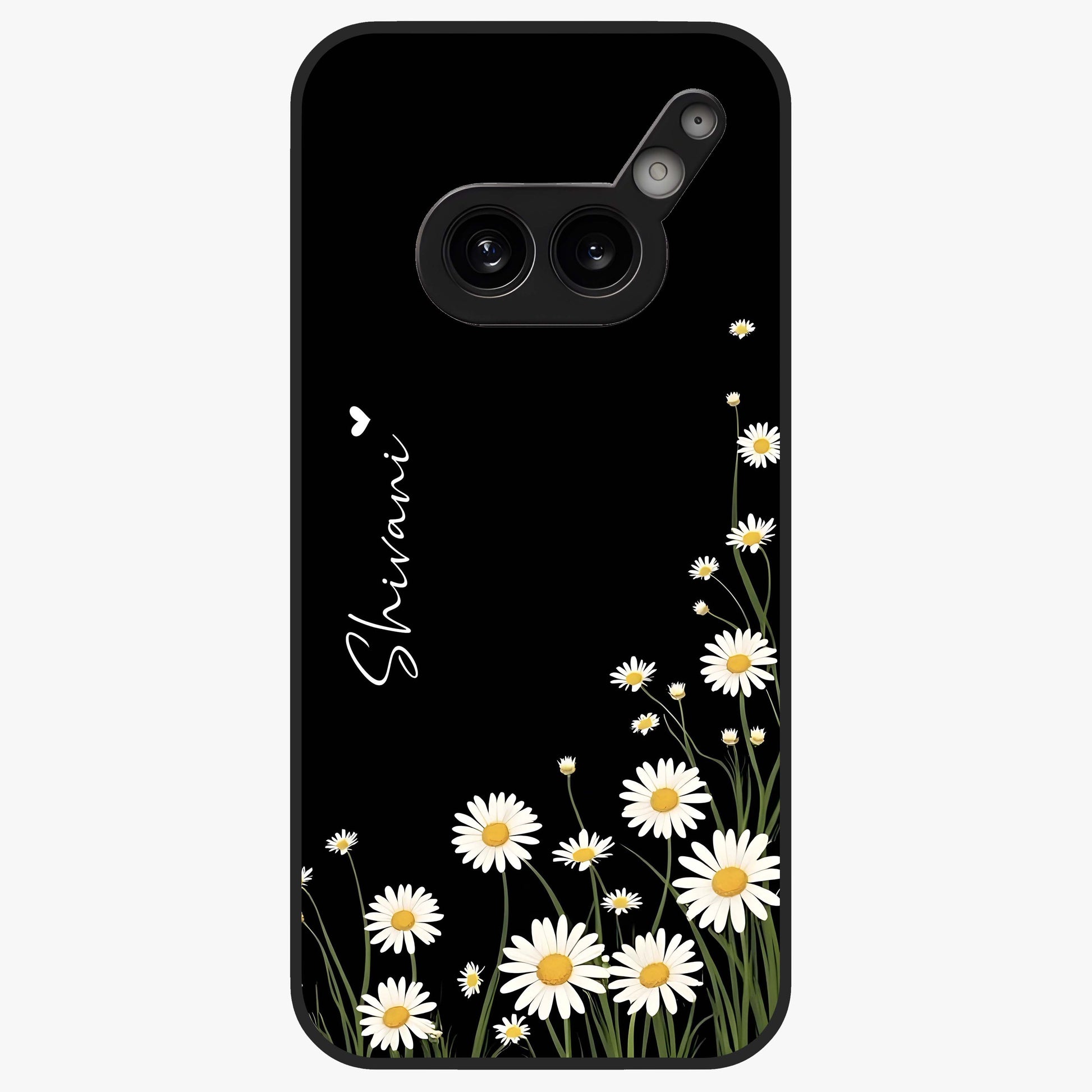 Daisy Cascade Custom Name Glass Case showing flat back view with cascading daisy flowers and personalized name design.