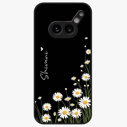 Daisy Cascade Custom Name Glass Case showing flat back view with cascading daisy flowers and personalized name design.