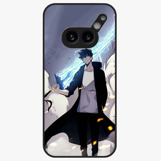 Dark Lightning Anime Warrior Glass Case showing flat back view with intense anime warrior artwork and glossy glass finish.