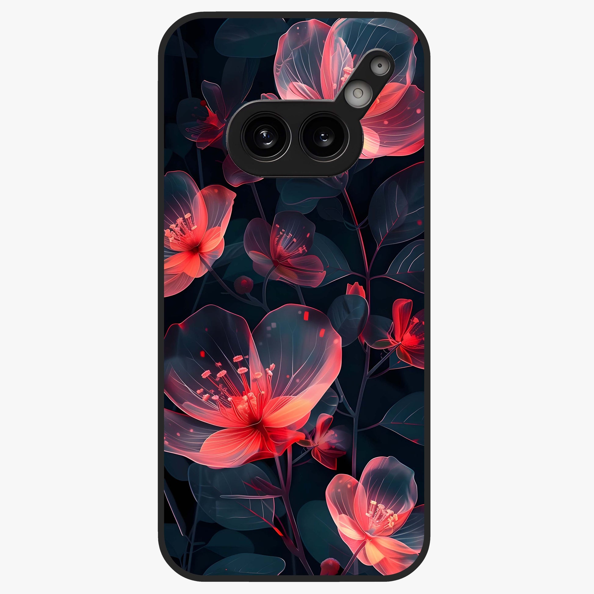 Dark Shade of Flower Glass Case showing flat back view with elegant dark floral artwork and glossy glass finish.