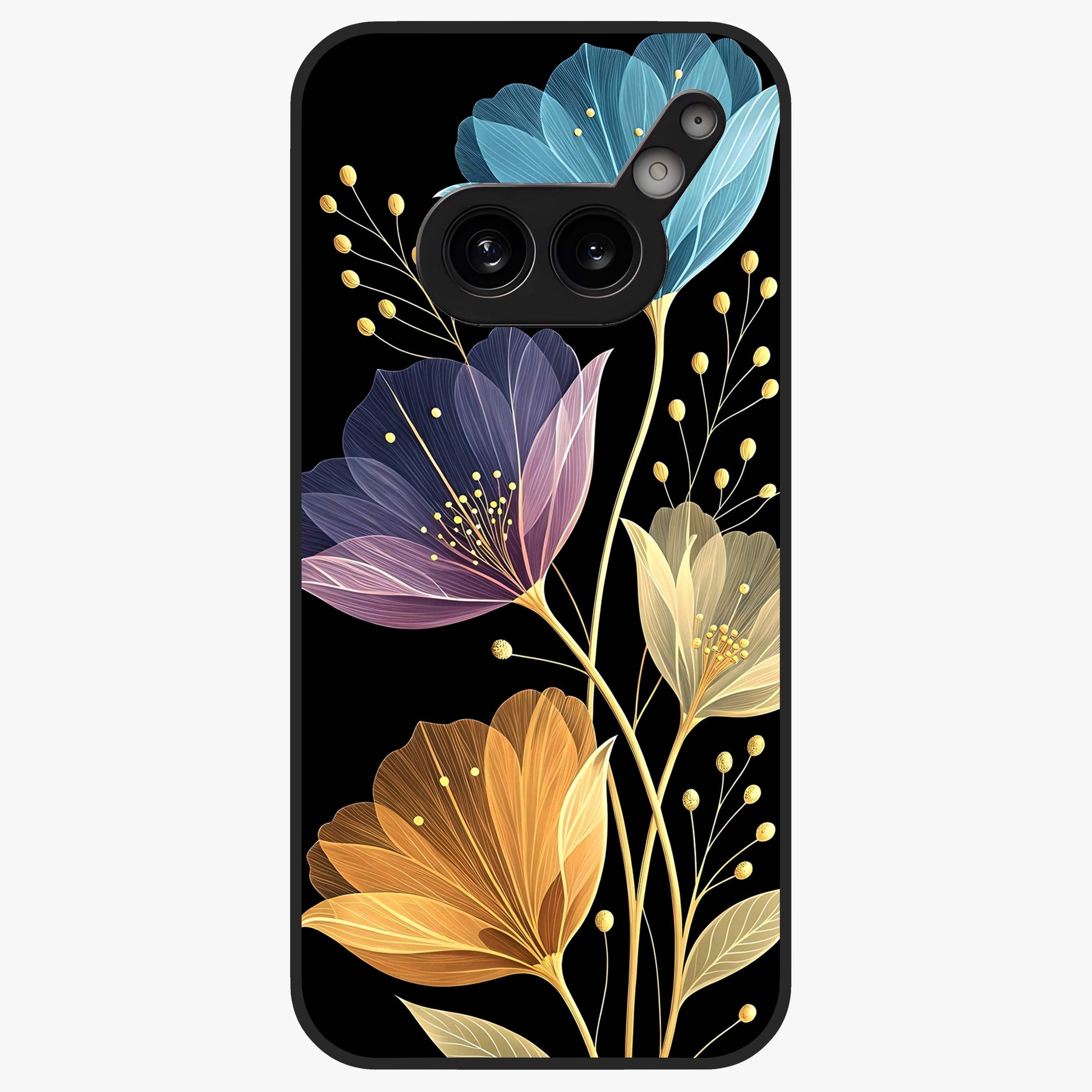 Delicate Multicolor Flowers Glass Case showing flat back view with vibrant floral artwork and glossy glass finish.