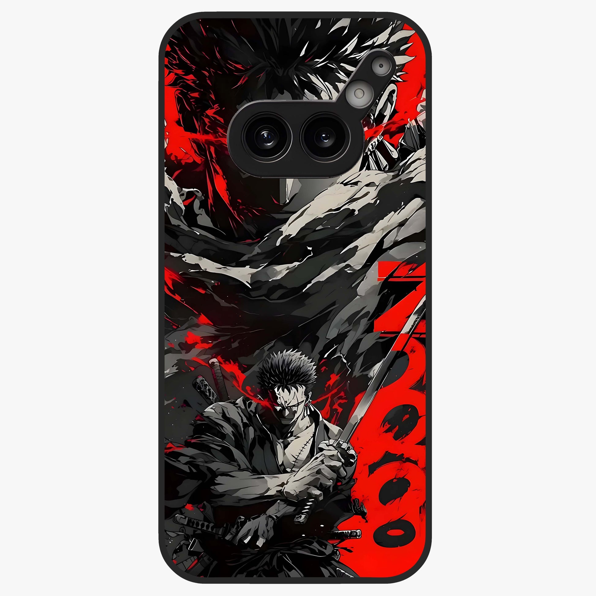 Demon Sword Resolve Glass Case showing flat back view with fierce sword warrior artwork and glossy glass finish.