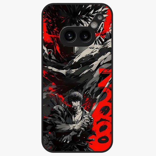 Demon Sword Resolve Glass Case showing flat back view with fierce sword warrior artwork and glossy glass finish.