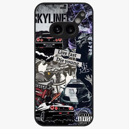 Die Young Glass Case showing flat back view with bold artistic typography design and glossy glass finish.