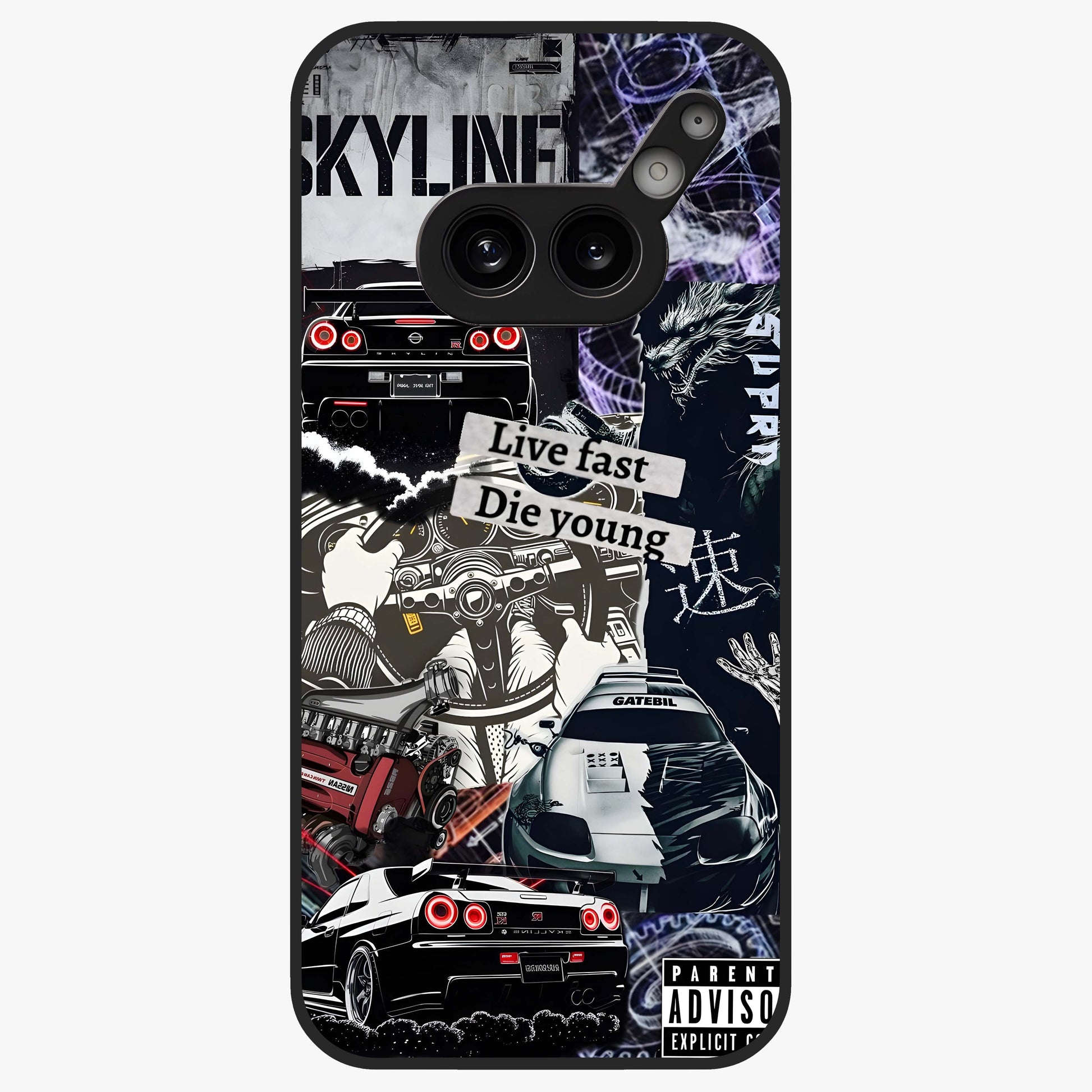 Die Young Glass Case showing flat back view with bold artistic typography design and glossy glass finish.
