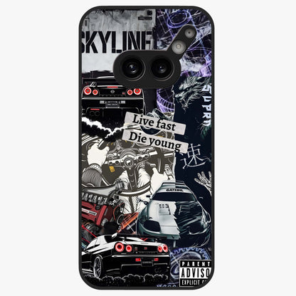 Die Young Glass Case showing flat back view with bold artistic typography design and glossy glass finish.
