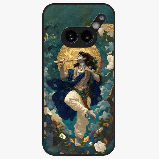 Divine Krishna Art Glass Case showing flat back view with Lord Krishna artwork and glossy glass finish.