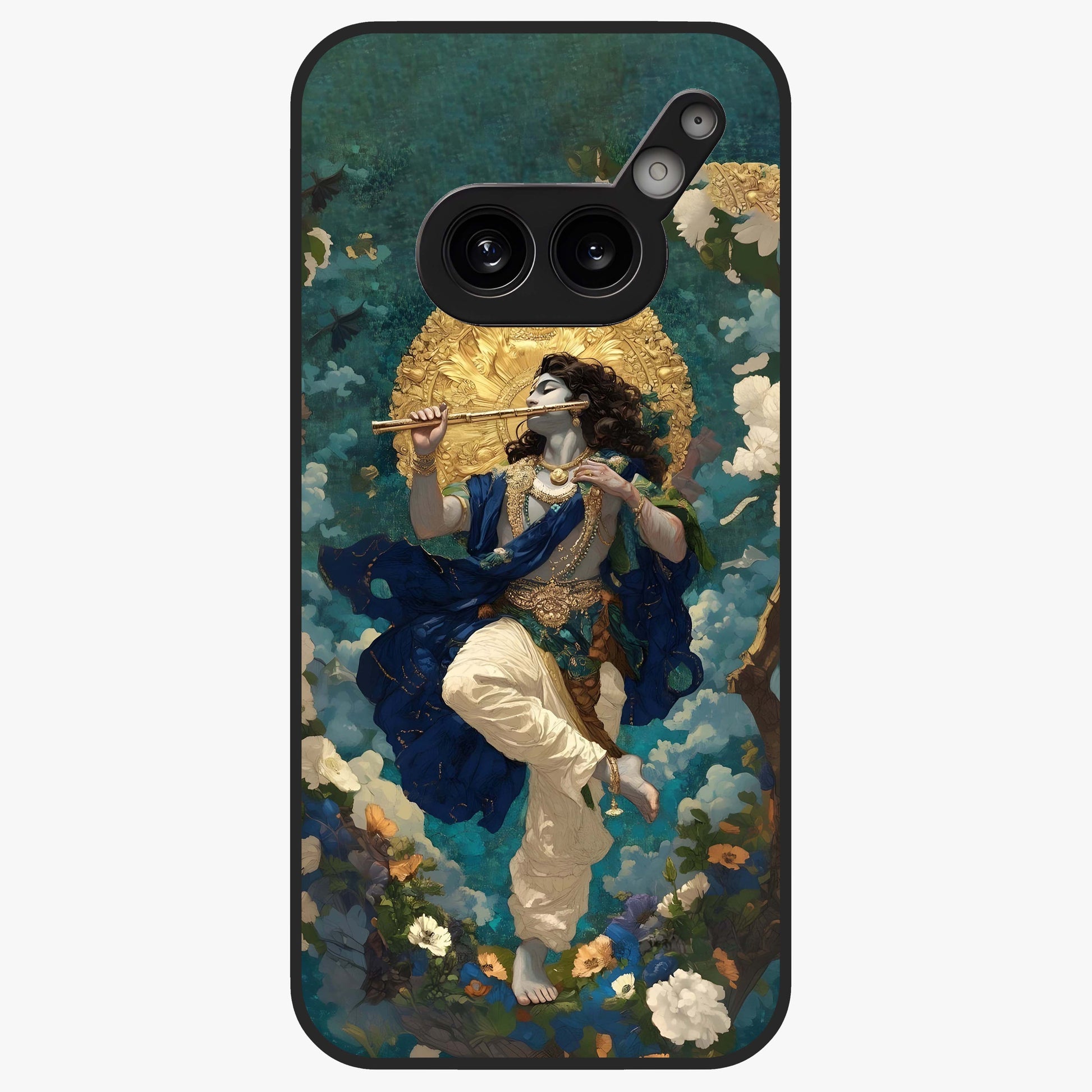 Divine Krishna Art Glass Case showing flat back view with Lord Krishna artwork and glossy glass finish.