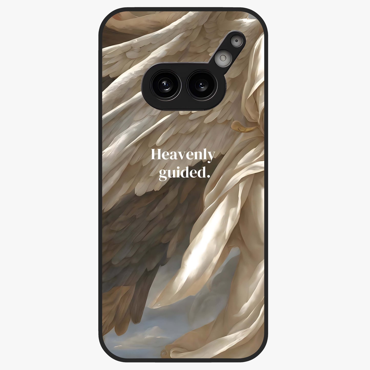 Divine Winged Grace Glass Case showing flat back view with elegant wing inspired artwork and glossy glass finish.