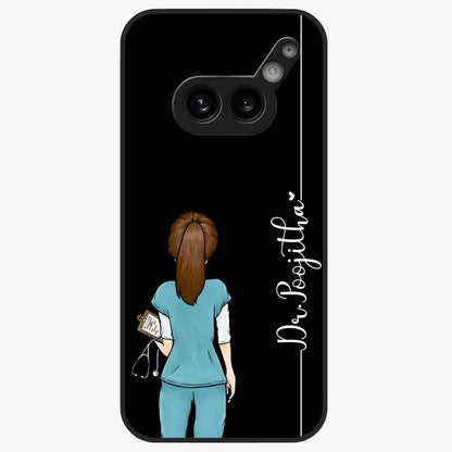 Doctor Pattern Custom Name Glass Case showing flat back view with medical themed pattern and personalized name design.