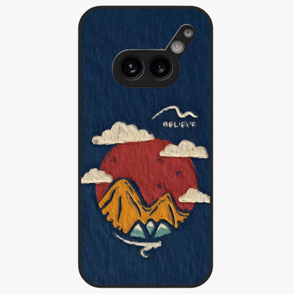 Dream Beyond Mountains Glass Case showing flat back view with scenic mountain landscape artwork and glossy glass finish.
