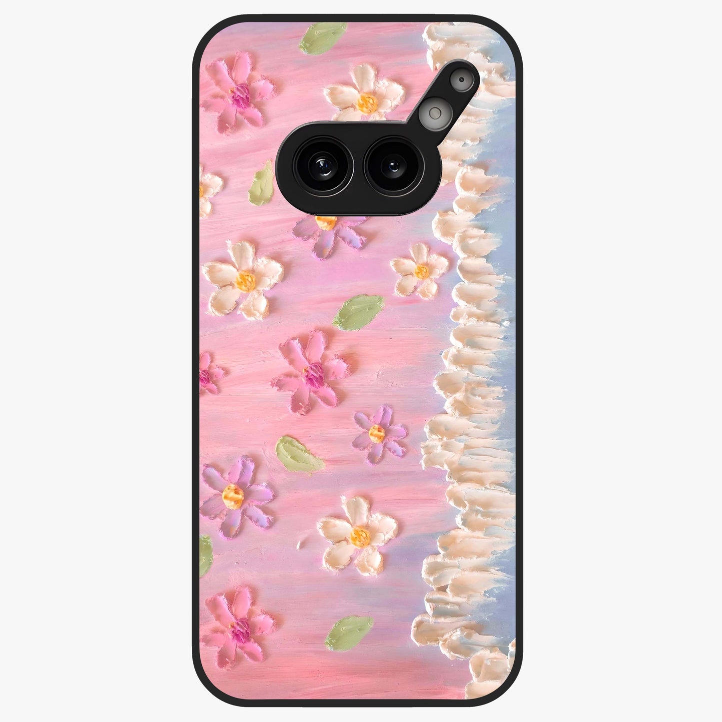 Dreamy Painted Garden Glass Case showing flat back view with artistic painted floral garden artwork and glossy glass finish.