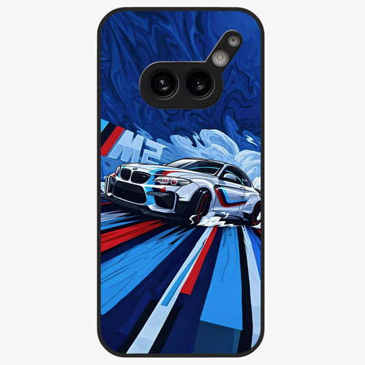 Drift Power Rush Glass Case showing flat back view with dynamic racing inspired artwork and glossy glass finish.