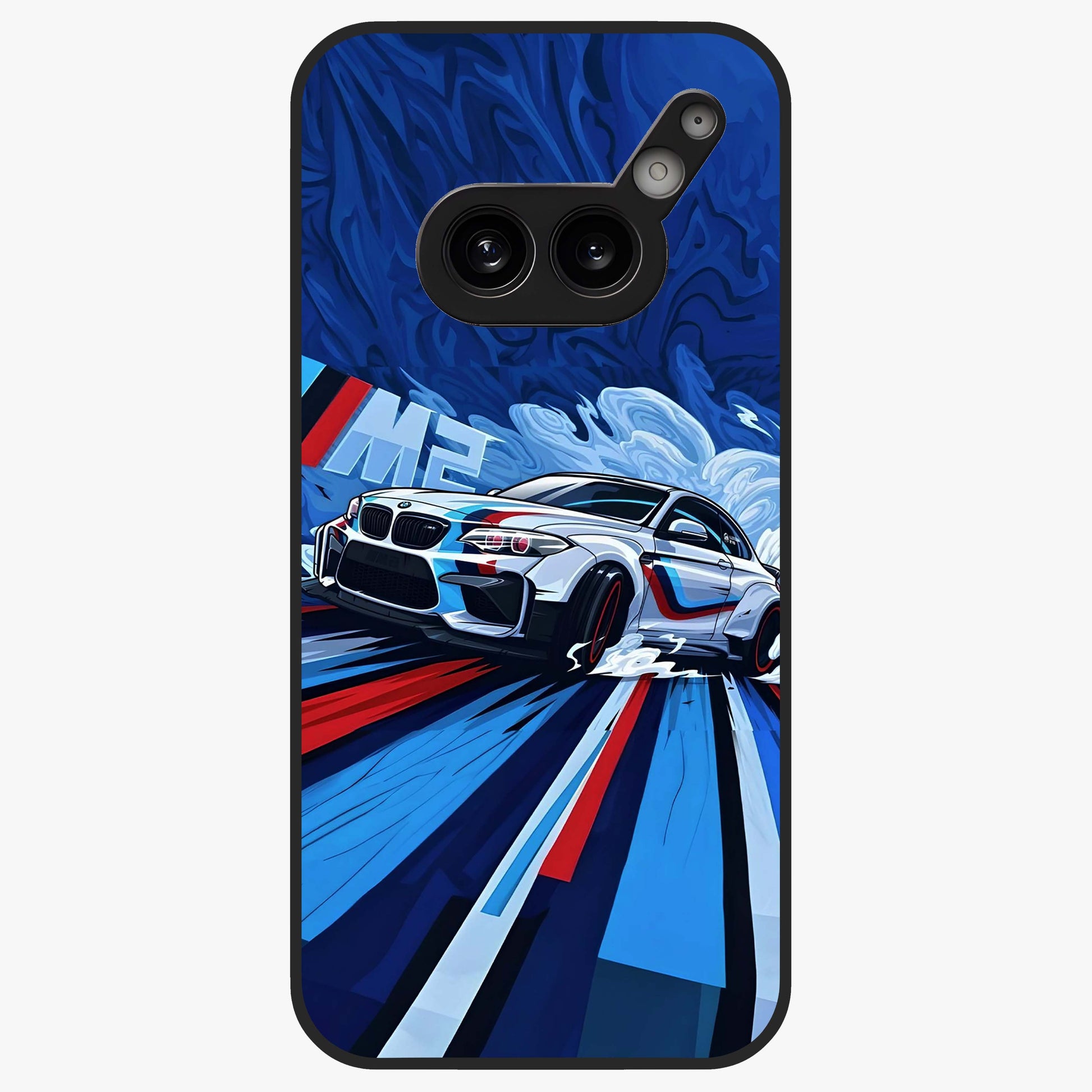 Drift Power Rush Glass Case showing flat back view with dynamic racing inspired artwork and glossy glass finish.