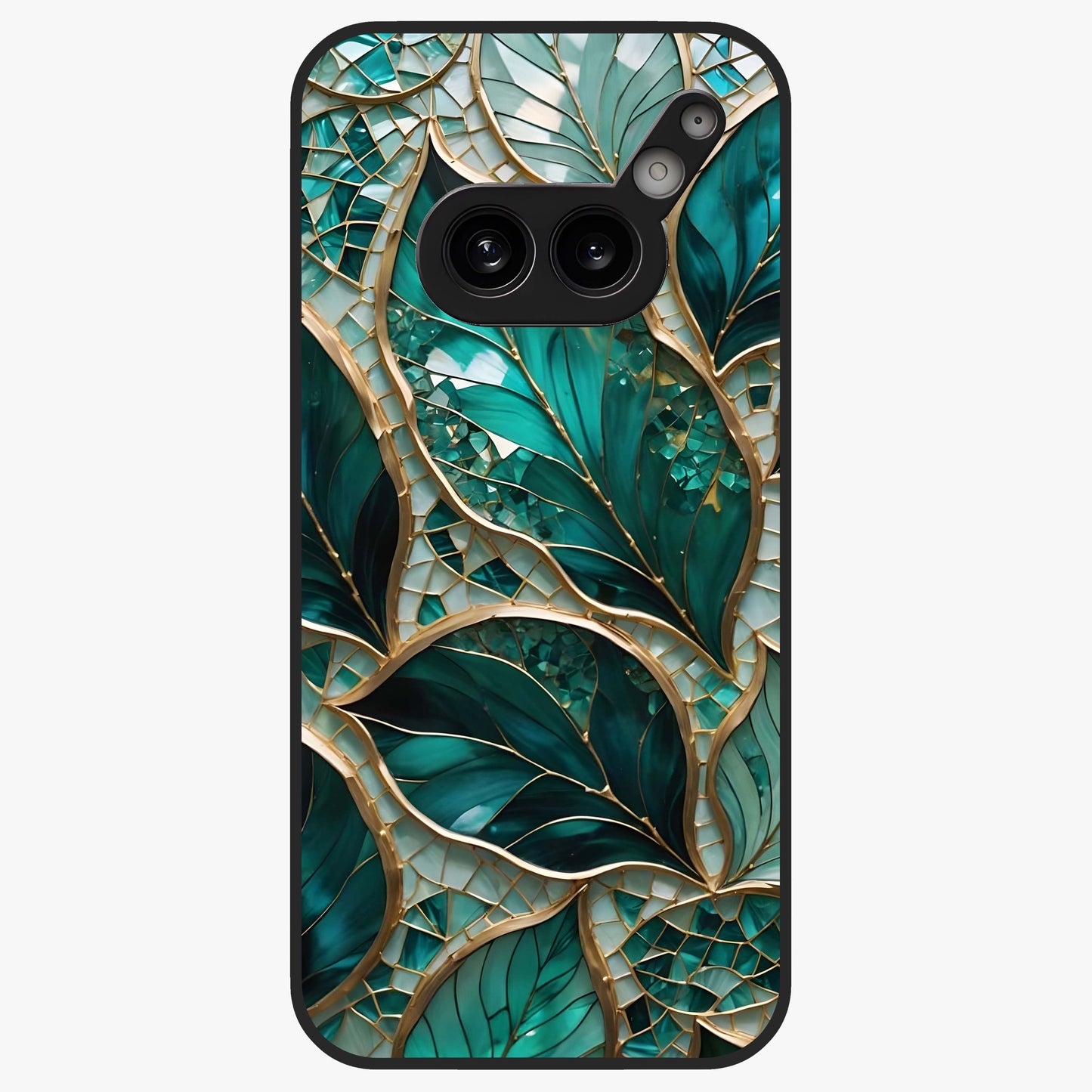 Emerald Leaf Glass Glass Case showing flat back view with emerald green leaf artwork and glossy glass finish.