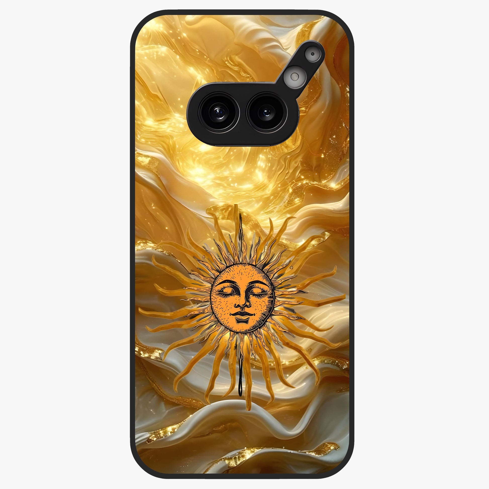 Eternal Golden Glow Glass Case showing flat back view with radiant golden themed artwork and glossy glass finish.