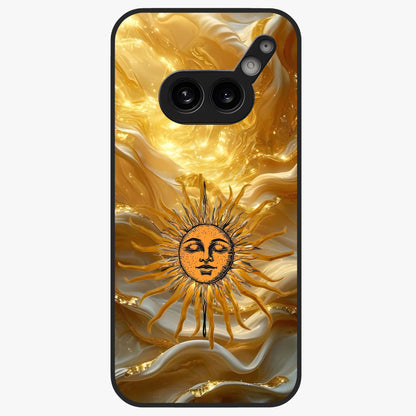 Eternal Golden Glow Glass Case showing flat back view with radiant golden themed artwork and glossy glass finish.