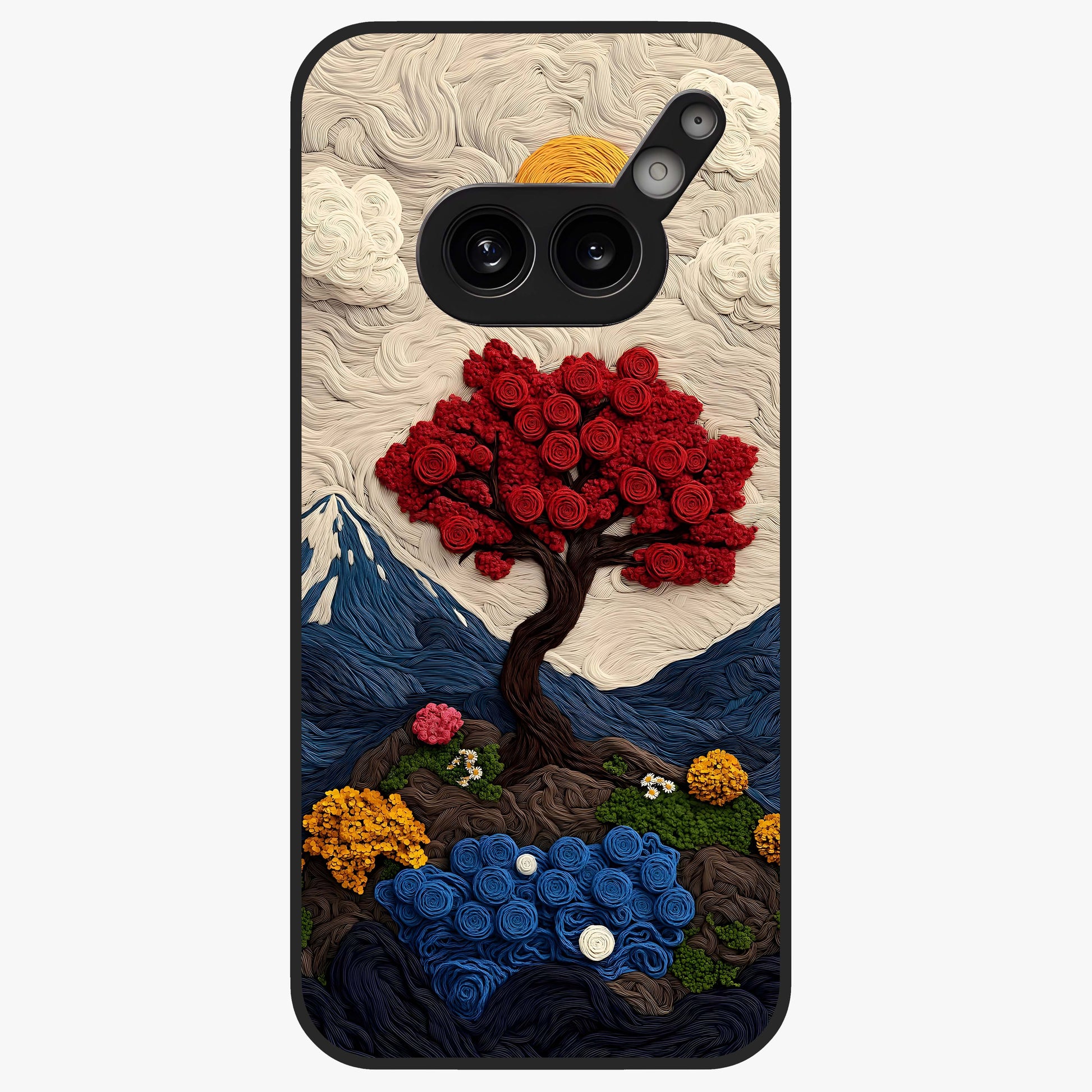 Eternal Nature Tapestry Glass Case showing flat back view with intricate nature tapestry artwork and glossy glass finish.