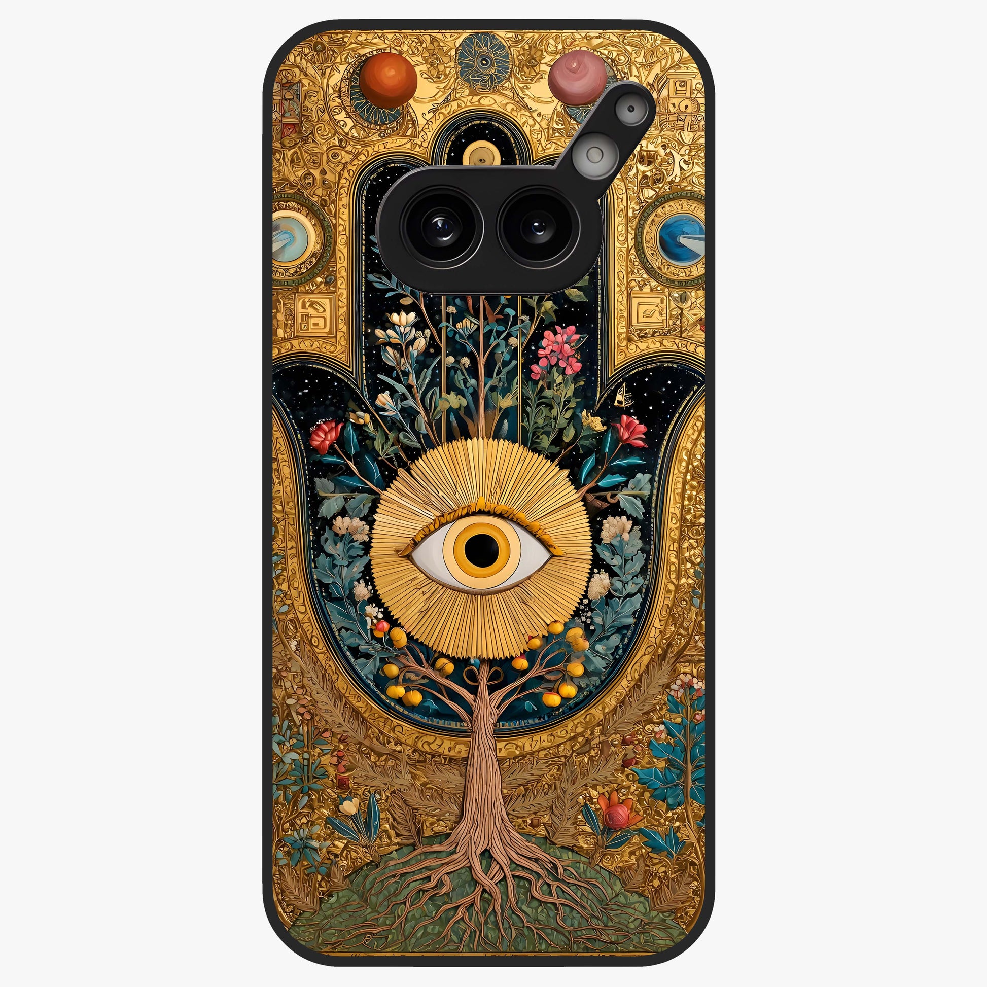 Ethereal Evil Eye Glass Case showing flat back view with mystical evil eye artwork and glossy glass finish.
