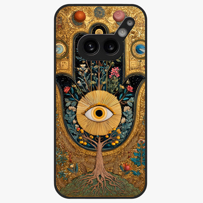 Ethereal Evil Eye Glass Case showing flat back view with mystical evil eye artwork and glossy glass finish.