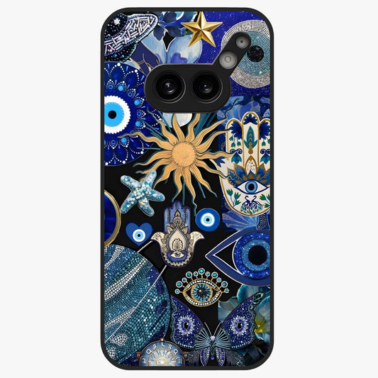 Evil Eye Charm Mix Glass Case showing flat back view with multiple evil eye charms artwork and glossy glass finish.