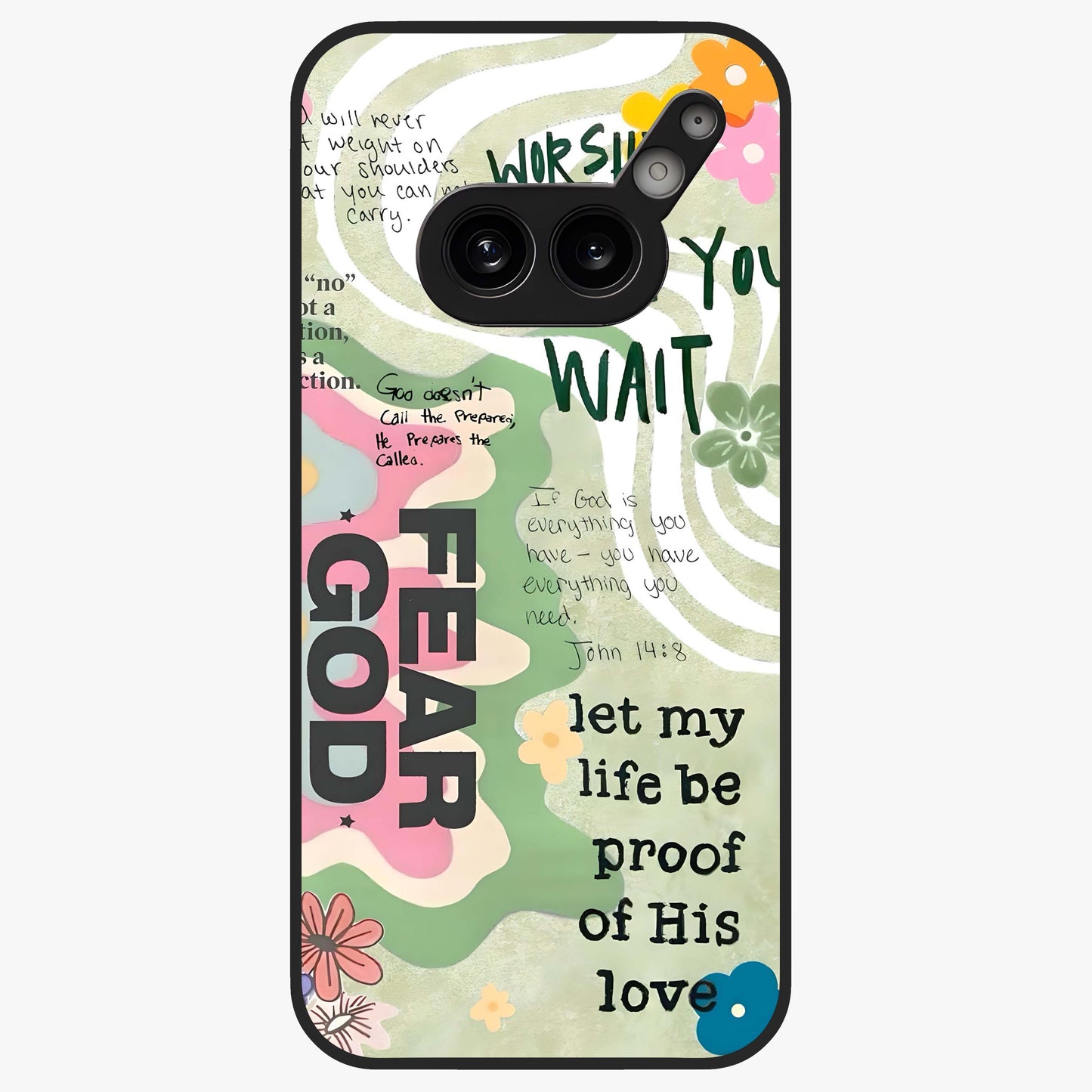 Faith Over Fear Glass Case showing flat back view with motivational typography artwork and glossy glass finish.