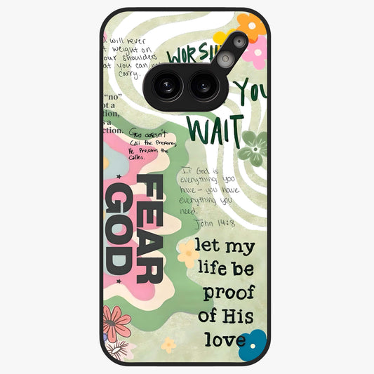 Faith Over Fear Glass Case showing flat back view with motivational typography artwork and glossy glass finish.