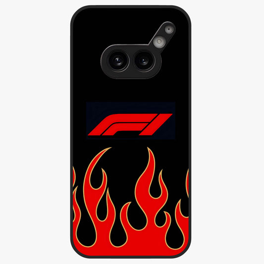 Fire F11 Glass Case showing flat back view with fiery themed artwork and glossy glass finish.