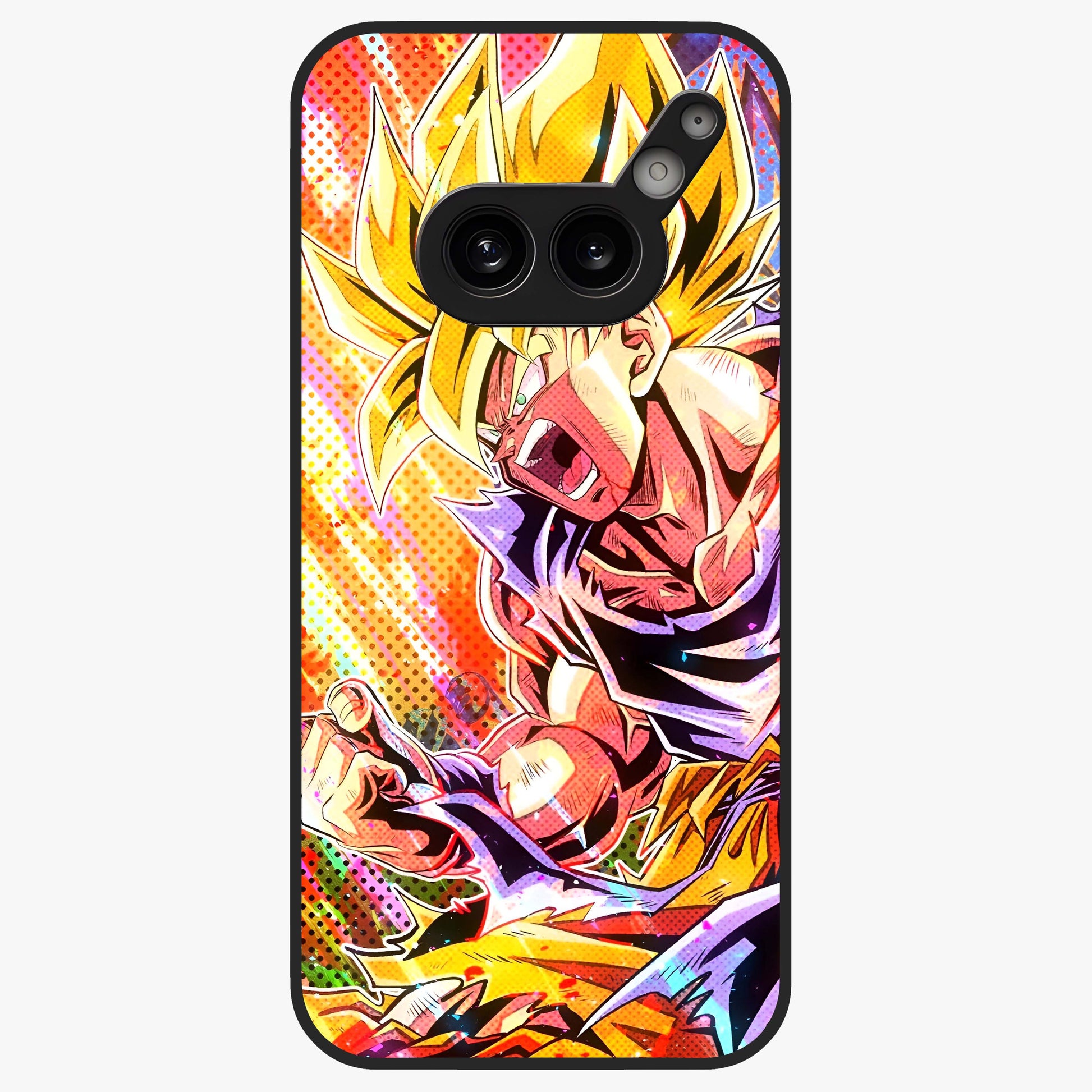Firing Goku Glass Case showing flat back view with powerful anime inspired artwork and glossy glass finish.