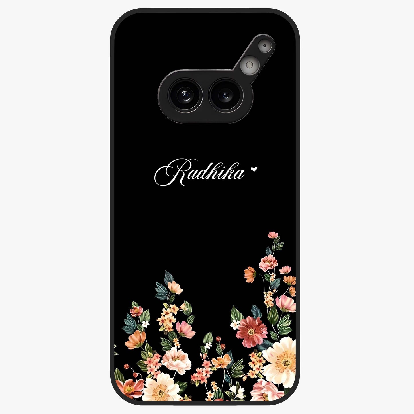 Floral Design With a Custom Personalized Name Glass Case showing flat back view with floral artwork and personalized name design.