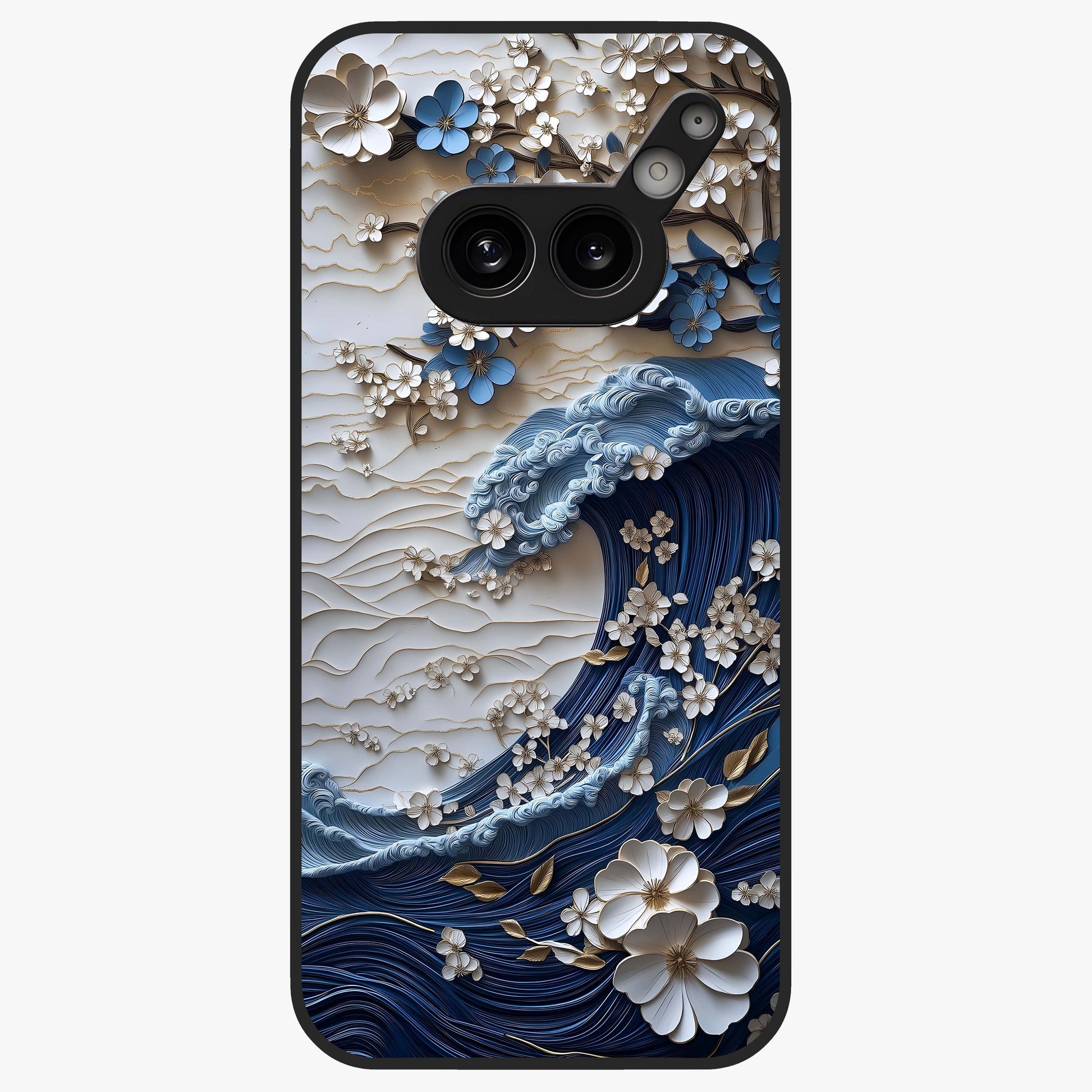 Floral Wave Origami Glass Case showing flat back view with origami inspired floral wave artwork and glossy glass finish.