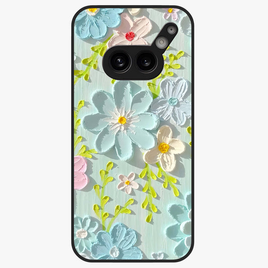 Frosted Petal Garden Glass Case showing flat back view with soft frosted floral artwork and glossy glass finish.