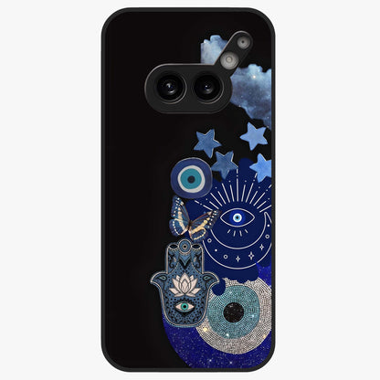 Galactic Charm Cluster Glass Case showing flat back view with glowing celestial charm artwork and glossy glass finish.
