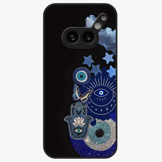 Galactic Charm Cluster Glass Case showing flat back view with glowing celestial charm artwork and glossy glass finish.