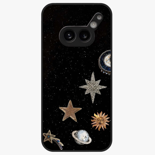 Galactic Charm Glow Glass Case showing flat back view with glowing celestial charm artwork and glossy glass finish.